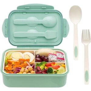 YumLock Bento Box, 3 Compartments 1400ml Lunch Box For Kids and Adults with Reusable Spoon and Fork, Leakproof Food Container for On the Go Meal, Microwave Safe